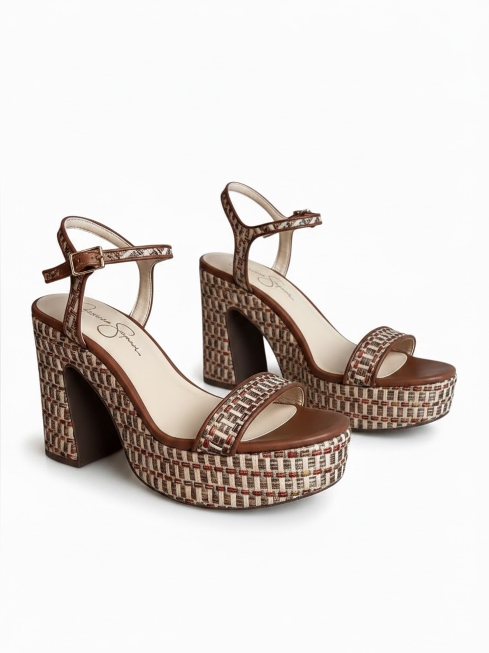 Jessica Simpson Multicolor Woven Platform Sandals with Brown Trim - Picture 2 of 15